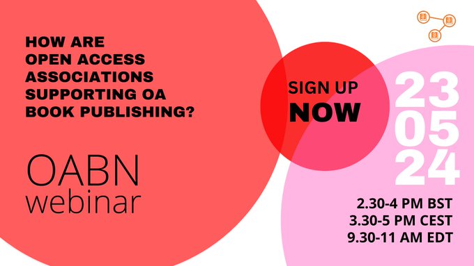 ➡️Free webinar on Thursday, May 23rd, from 3:30 to 5:00 PM CEST: 'How are #OA associations supporting #OAbooks publishing?' Organized by @oabooksnetwork.

✍️Register here: tinyurl.com/yf8c2h65

#OpenAccess #OpenScience #OpenResearch #ResearchAssessment #Research #Science #EU