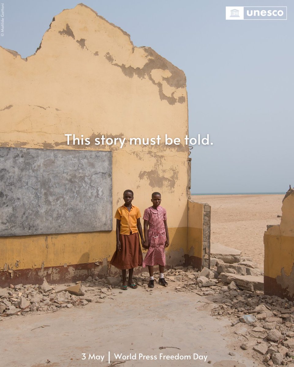 Standing on the ruins of education. Voices silenced by #ClimateChange. Everyday environmental journalists bravely speak up on the harsh realities communities face. We must protect #PressFreedom to tell these stories. On #WorldPressFreedomDay, join us: World Press Freedom Day