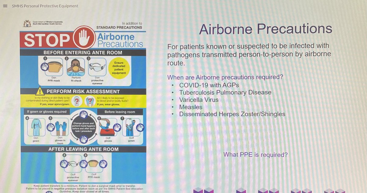 Mandatory training today. Risk mgt step 1 - elimination. PPE last resort. Clean air & stop the spread maybe? Covid STILL droplet precautions = cover mucous membranes (nose/mouth), unless AGPs 🙄 then airborne precautions- wear gown and gloves as well. No wonder HCWs are confused.