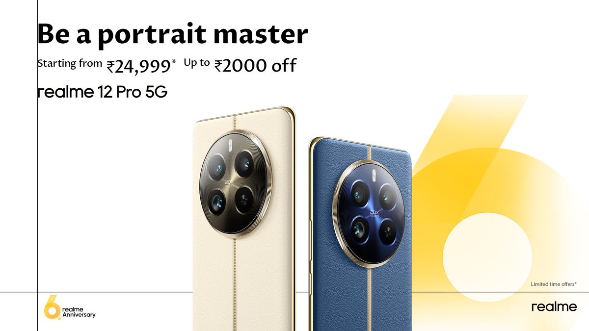 Steal the limited-time offers of the anniversary sale and shop the portrait master now starting at just Rs.24999 #realme12Pro5G #6YearAnniversary #MakeitReal Shop here: bit.ly/4by4LJx