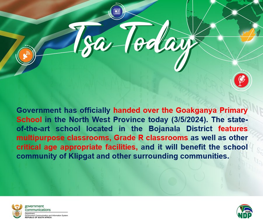 Government has officially handed over the Goakganya Primary School in the North West Province. The state-of-the-art school located in the Bojanala District features multipurpose classrooms, Grade R classrooms and other critical age appropriate facilities @DBE_SA @GovernmentZA