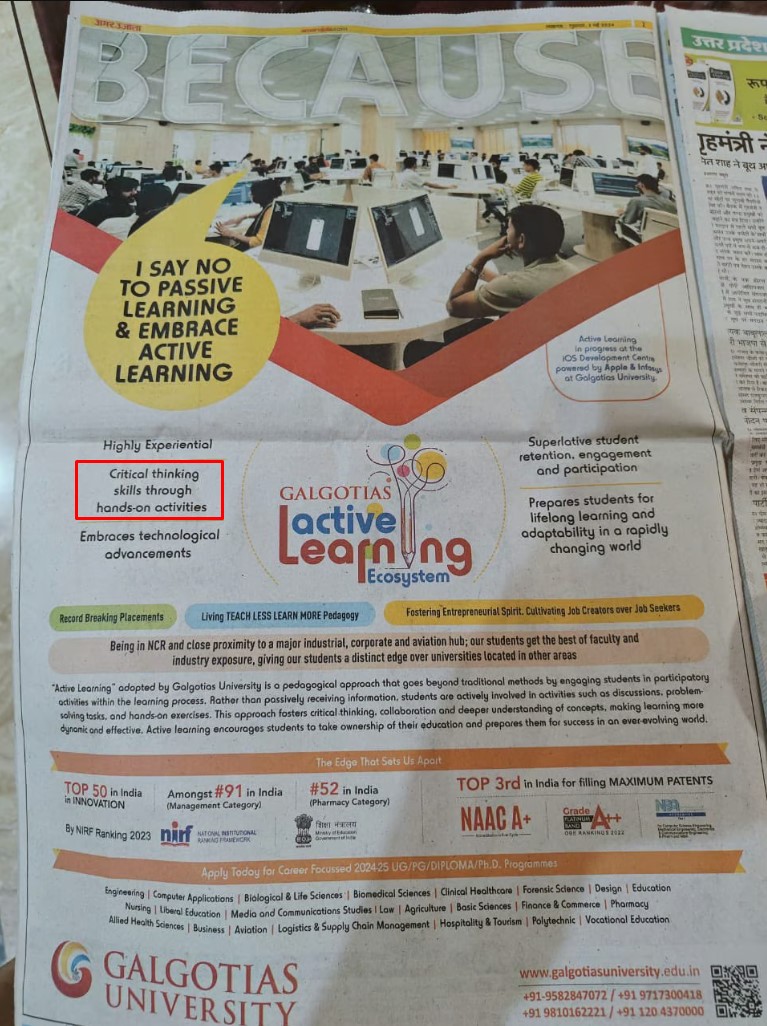 galgotias university has issued a full page ad to do damage control.

they've claimed to provide 'critical thinking skills through hands on activities'.

I have mixed feelings 😭