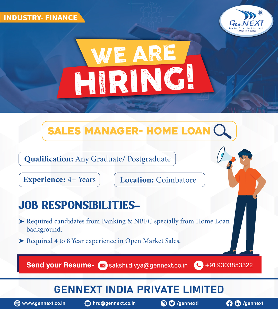#UrgentHiring 💼📢🎯

Position: Sales Manager- Home loan
Location: Coimbatore

#SalesManager #Homeloan #Graduate #postgraduate #hiringnow #jobsearching #jobsearch #Recruitment2024 #jobvacancy2024 #nowhiring #recruiting #gennextjob #gennexthiring #GenNext #hiring2024