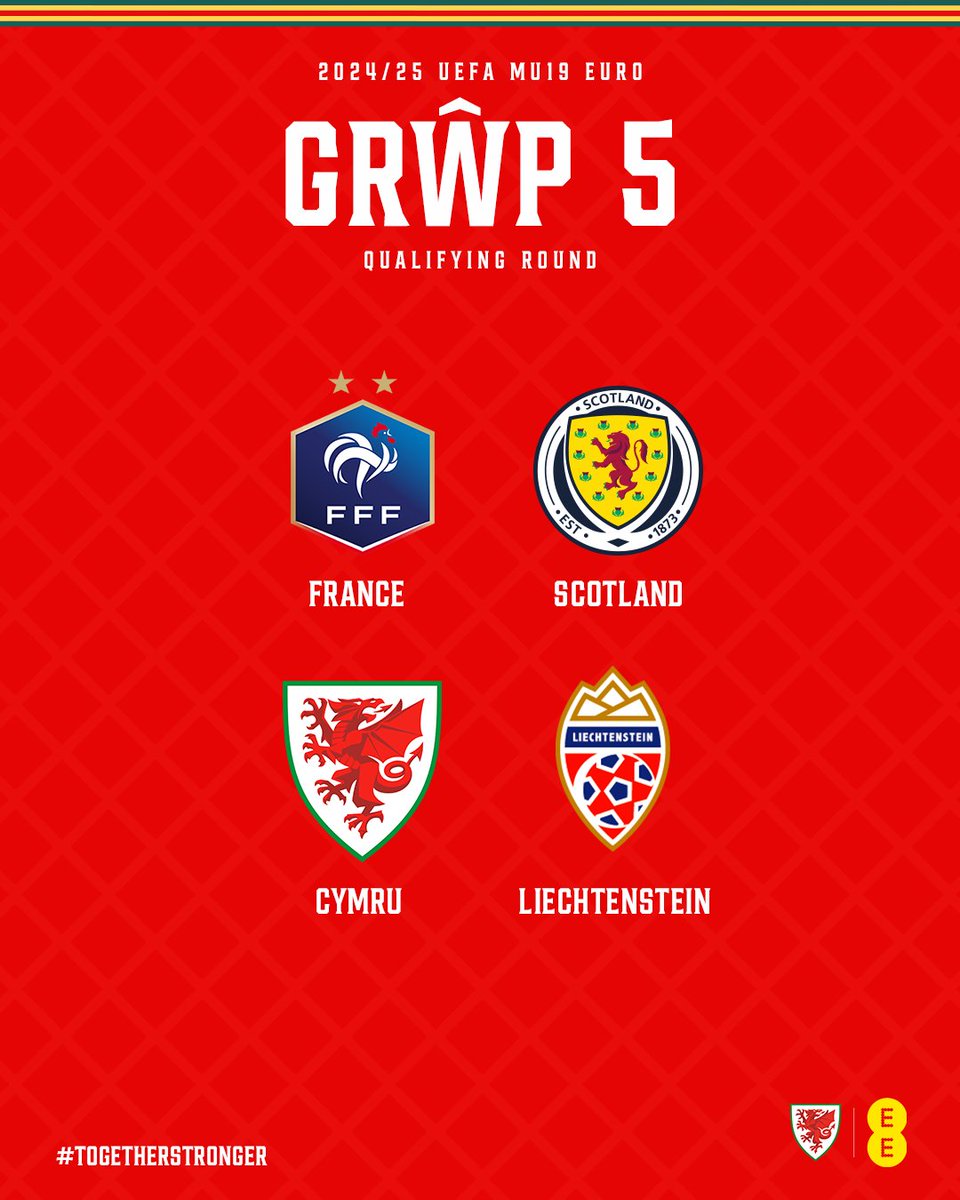 2024/25 #U19EURO Qualifying Round 

🇫🇷🏴󠁧󠁢󠁳󠁣󠁴󠁿🏴󠁧󠁢󠁷󠁬󠁳󠁿🇱🇮

Hosts TBC. The matches will be played as a one-venue mini-tournament during the windows of 2-10 September, 7-15 October or 11-19 November

#TogetherStronger