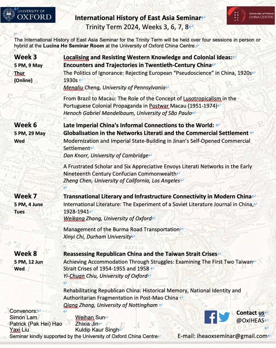 Our term card for Trinity Term 2024 is out now! If you're in Oxford and interested in Asian history, come join us at our in-person/online hybrid sessions in the Lucina Ho Room at the Oxford China Centre at 5pm in Weeks 3 (Thurs, online only), 6 (Weds), 7 (Tues), and 8 (Weds)!
