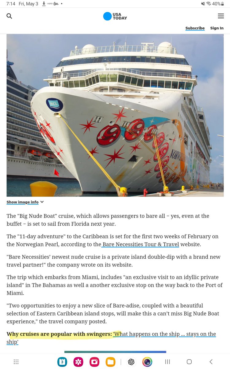 @1n8urist @USATODAY @usatodaytravel @usatoday did you really need to link this previous story right in the middle of this story? The #bignudeboat2025 is NOT a swingers cruise. This is what confuses people. Learn the difference! 🤦‍♀️🤦