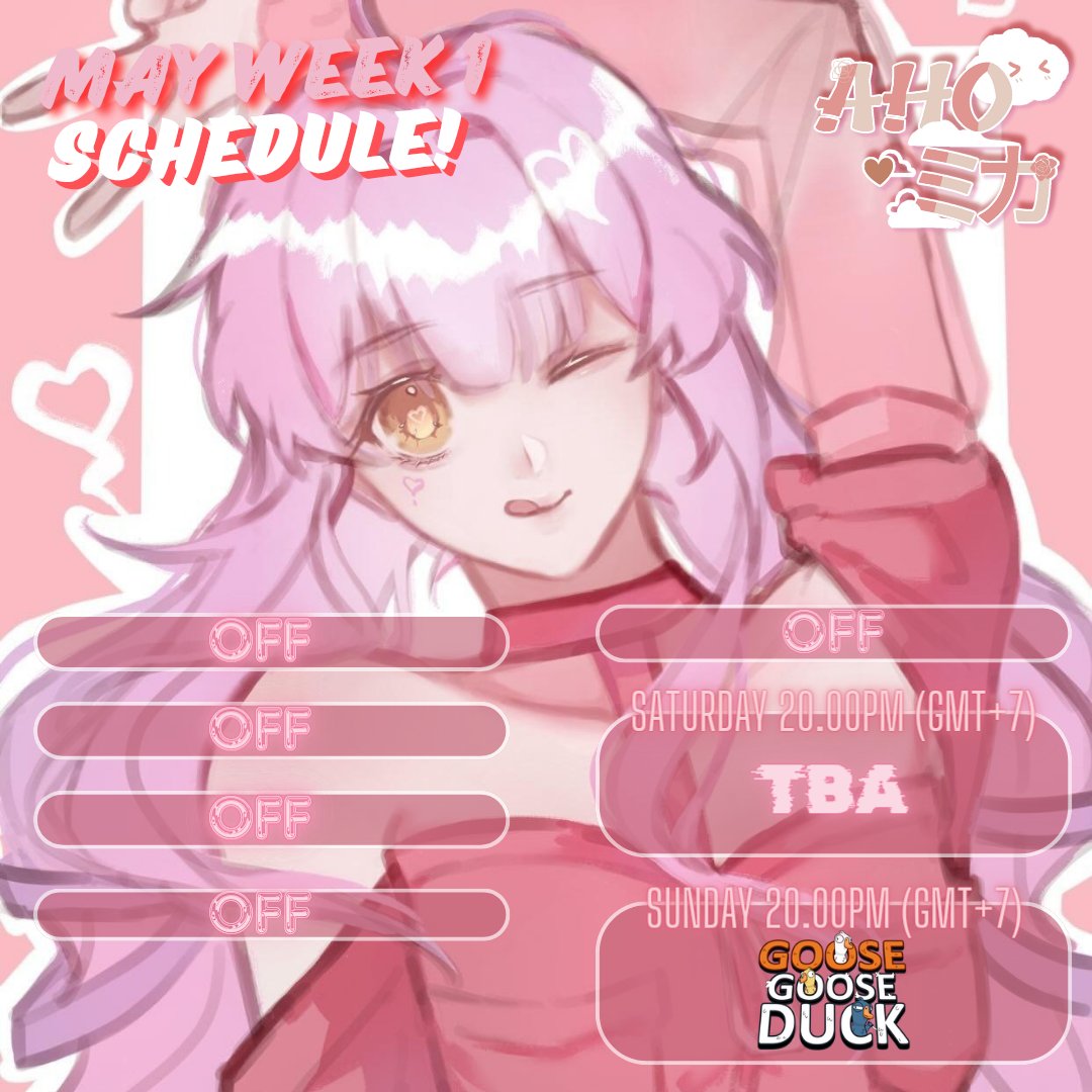 Here is my schedule on this week of may! Can't wait to see all of you there! 🌹

🩷 General : #Ahomika_live
🩷 Live : #AhoMi_LiveNow
🩷 Fanart :  #AhoMikarts
🩷 NSFW : #Yabai_Aho
🩷 Memes : #AhoMime
🩷 Clips : #AhoMika_Clips
🩷 Fan Name : #Ahoshi