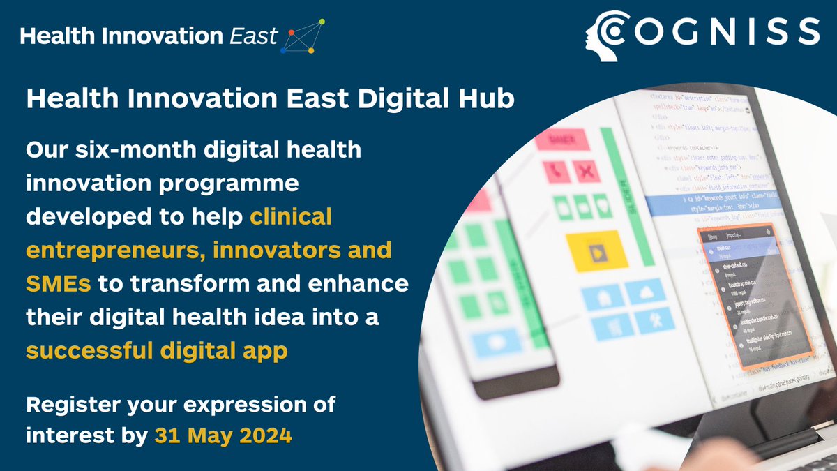 Calling our clinical entrepreneurs, innovators and SMEs Our Health Innovation East Digital Hub, powered by @CognissHQ , is here to advance your digital health solutions to a new level. Learn more and submit your expression of interest today: events.eahsn.org/ExpressionofIn…