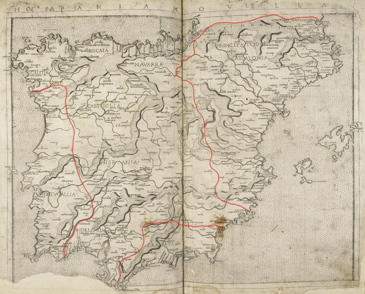 ...i què és interessant d'aquest mapa de 1482?... que Berlinghieri el dividia en 4 parts amb línies en puntets (aquí en vermell): 'Portugallia', 'Hispania', 'Granata' i agrupava tots els Països Catalans + Aragó sota una sola marca: 'Catalonia'. 'Cataluña nunca fue nada' i tal.