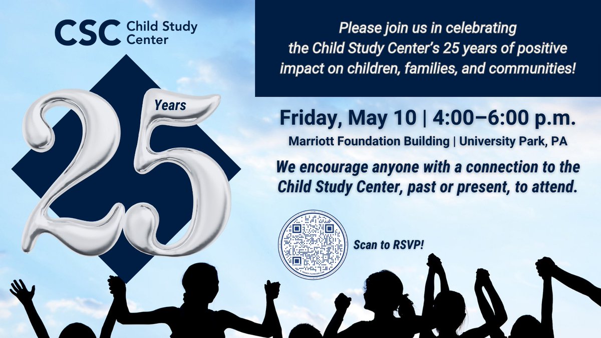 Please join us one week from today as we celebrate 25 years! @PSUPsychology @PSULiberalArts @PennStateHHD @PennStateHDFS @PennStateCSD @CmsnPsu @PSU_CollegeOfEd @CSUA_PennState @PRCPennState @SSRIPennState