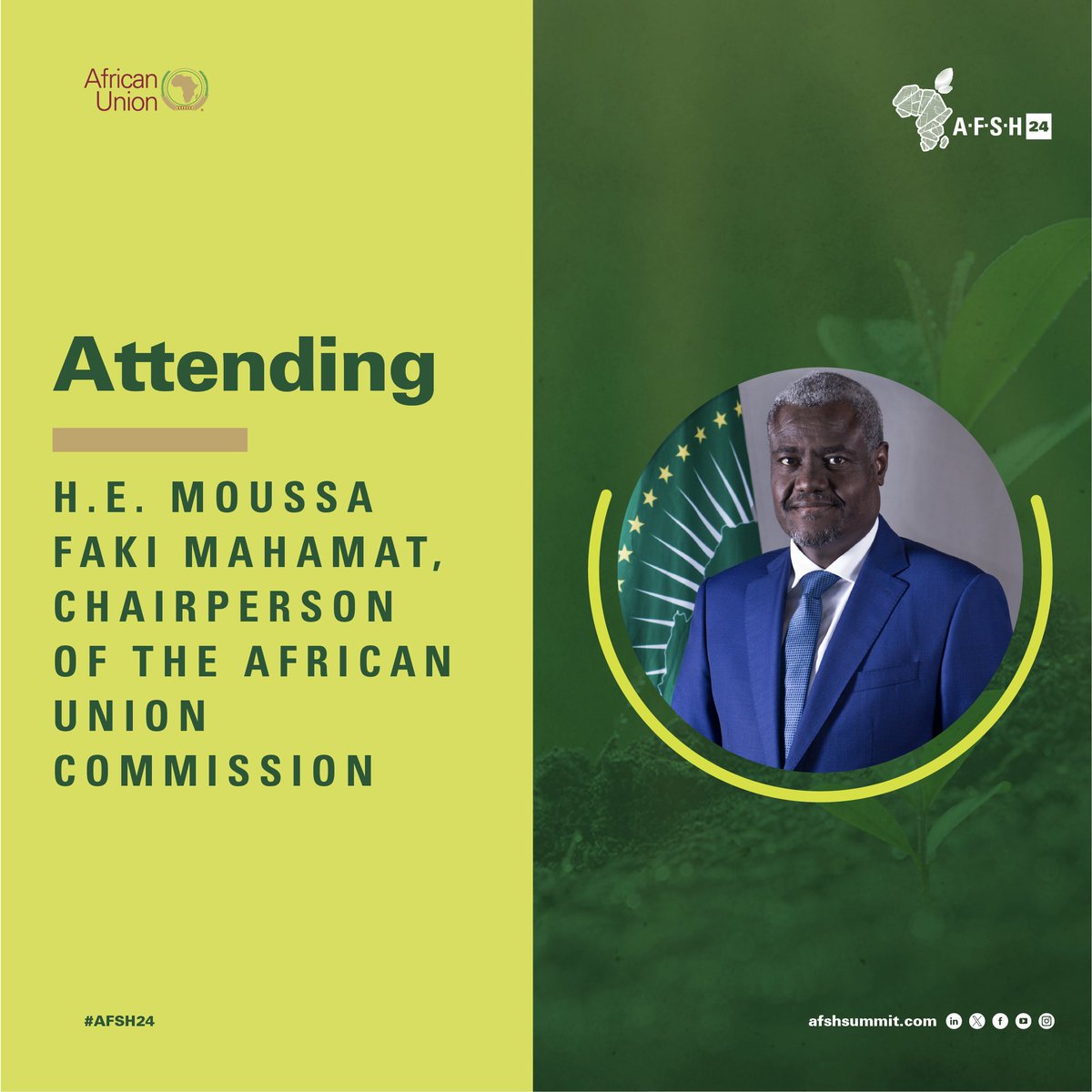 H.E @AUC_MoussaFaki,will lead @_AfricanUnion Commission,with formidable leadership& knowledge. His presence is an honour & privilege for the #AFSH24. He joins other key figures on commitments to #SoilHealth across Africa - join us as we work towards #Agenda2063 #AfricaWeWant