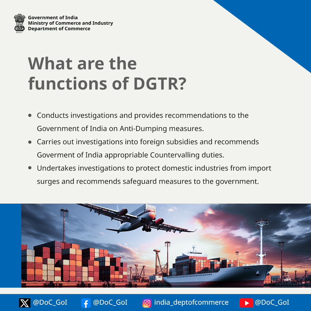 In this post, learn about  the functions of the Directorate General of Trade Remedies (DGTR).

#DoC_GoI #DGTR #TradeFairness #EconomicSecurity
