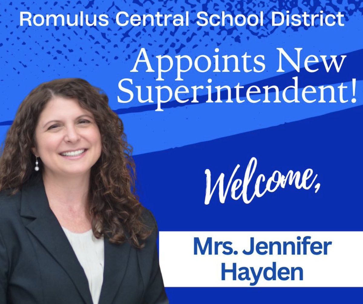 We are excited to announce the Romulus Central School District Board of Education has selected Mrs. Jennifer Hayden as their next Superintendent of Schools! She will assume the responsibilities of Superintendent on July 1, 2024. Congratulations, Jenn! 🎉 @RomulusCSD