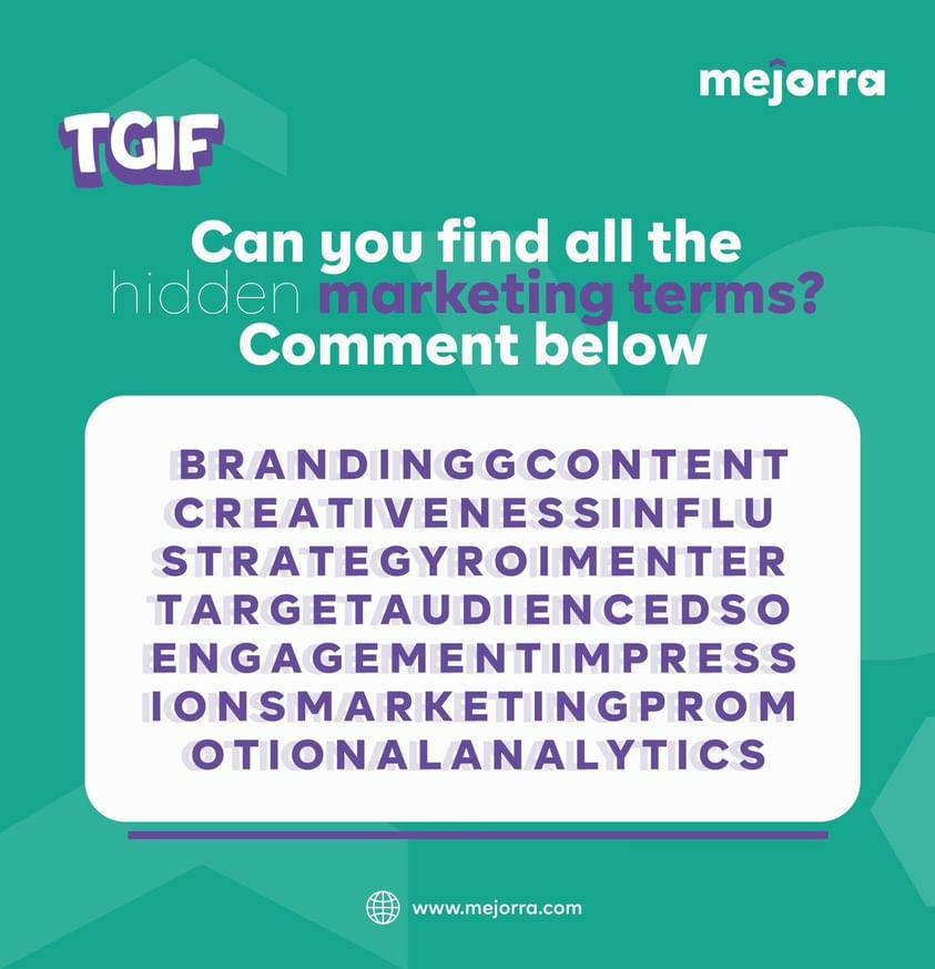 How good is your marketing knowledge?
 
Comment the words you can find below! 
 
Have a great weekend!
.
.
#marketing #marketingstrategy #influencer #influencermarketing #marketingideas