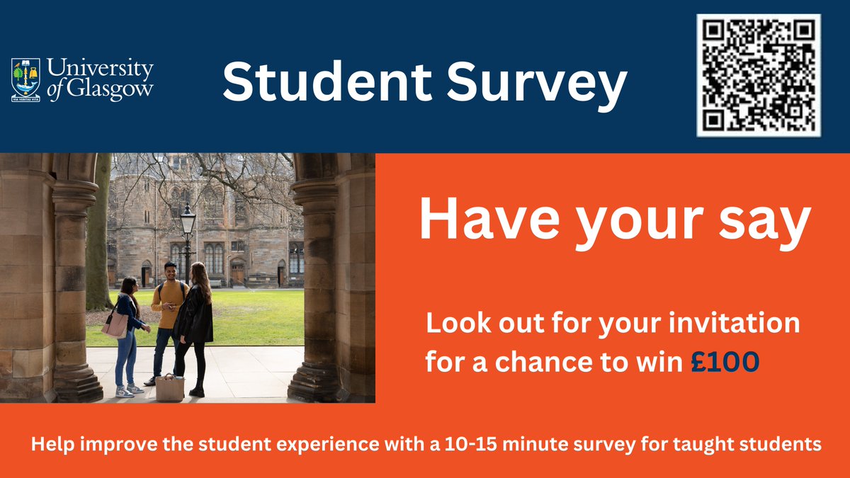 There is still time to take the UofG Student Survey! The survey is open until 19 May so make sure to share your thoughts to improve student experience and other areas of student life. You'll also be entered into a £100 prize draw! ➡️gla.ac.uk/myglasgow/plan…