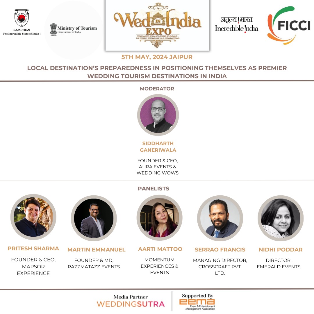 Join us at #WedMeIndiaExpo2024 for unparalleled insights from industry titans! Panel Discussion: Local Destinations' Preparedness in Becoming Premier Wedding Tourism Destinations in India 🗓️ May 5, 2024 | ⏰ 12:30 PM 📍 @rambaghpalace