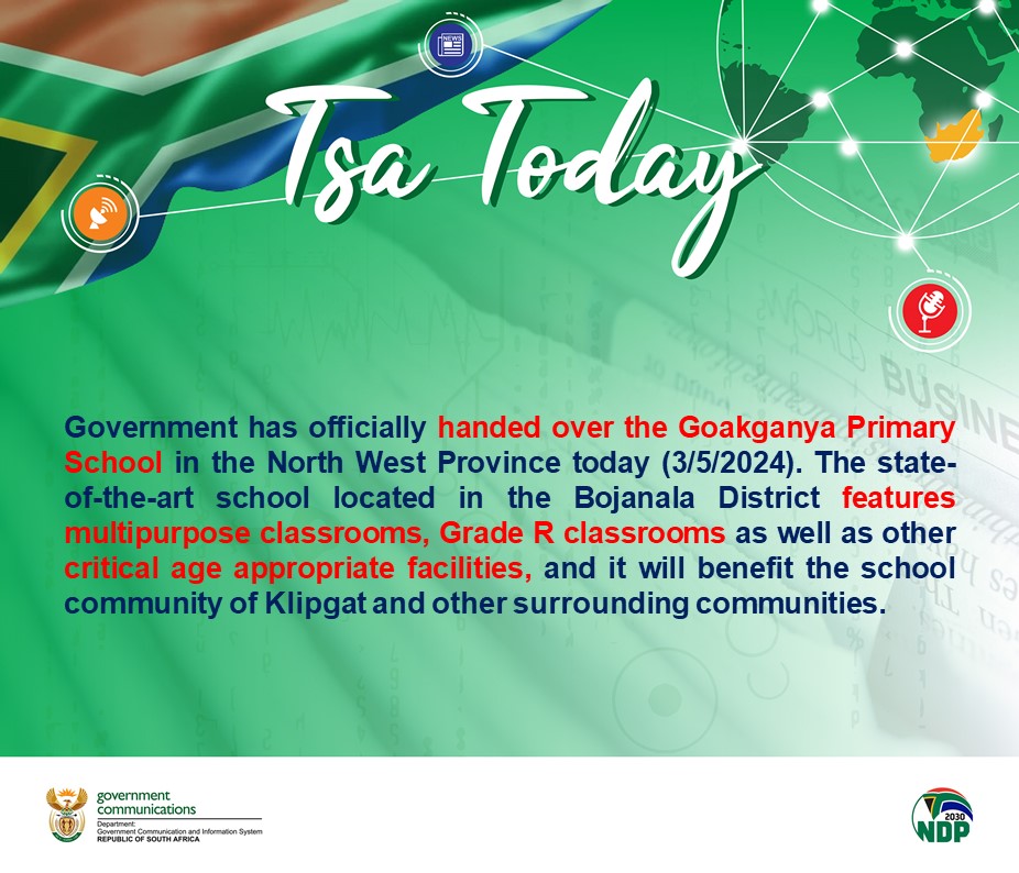 Government has officially handed over the Goakganya Primary School in the North West Province today. The state-of-the-art school is located in the Bojanala District.