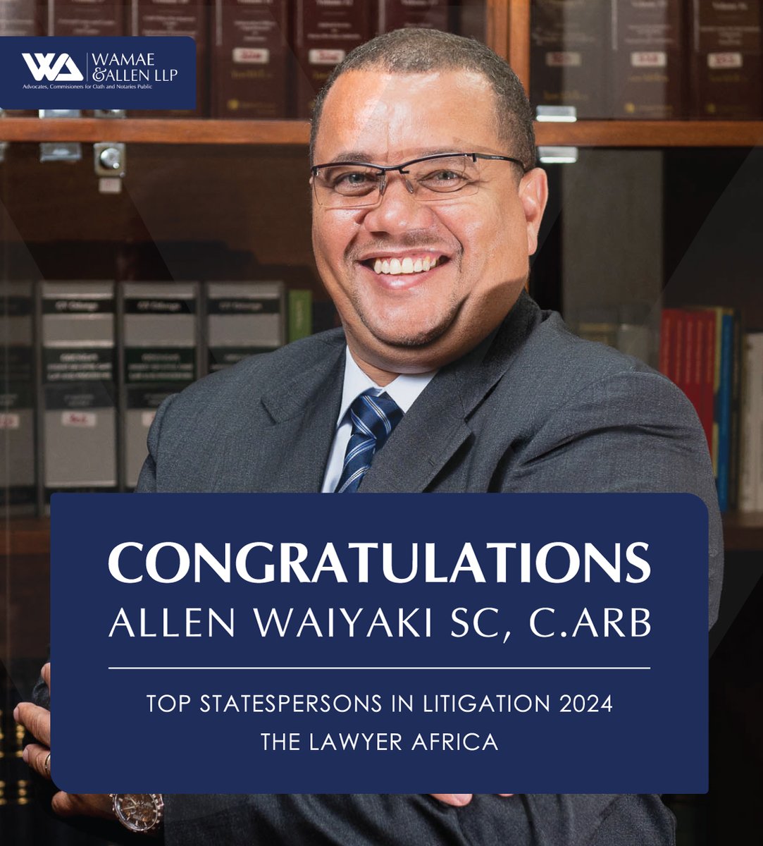 Congratulations to our Senior Partner Allen Waiyaki SC, C.Arb for being recognized as the Top Statesperson in Litigation 2024 by The Lawyer Africa

#LitigationExcellence #onwardandupward