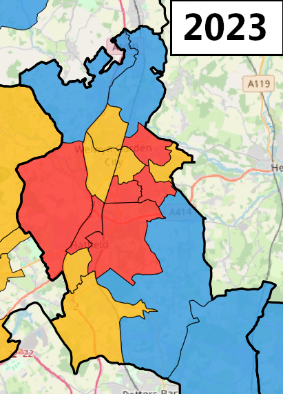 Welwyn Hatfield is good for Labour. The Conservatives had 10/12 seats up, but 2022 and 2023 suggested they lose seats in a way that would create a tie between the Labour and Lib-Dem local partners. But Labour did better, taking two expectd Lib-Dem gains for the overall plurality.