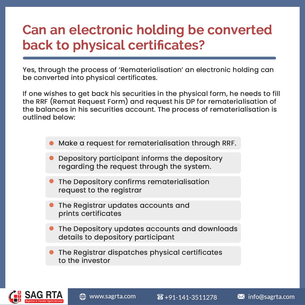 To get back his #securities in the physical form, one needs to fill the #RRF and still, you can check out the complete process of #rematerialisation.
bit.ly/3geC1yn
 #securities #SEBI #Registrarandsharetransferagent #rtaservices #rtaagent #rtaforms #FAQ