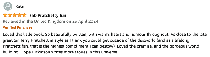 ⭐️⭐️⭐️⭐️⭐️'As close to the late great Sir Terry Pratchett in style as I think you could get outside of the discworld' Thanks for the lovely review @KateAltonWrites. Much appreciated. There is a sequel on the way. I just have a dozen other books to write first. 😋