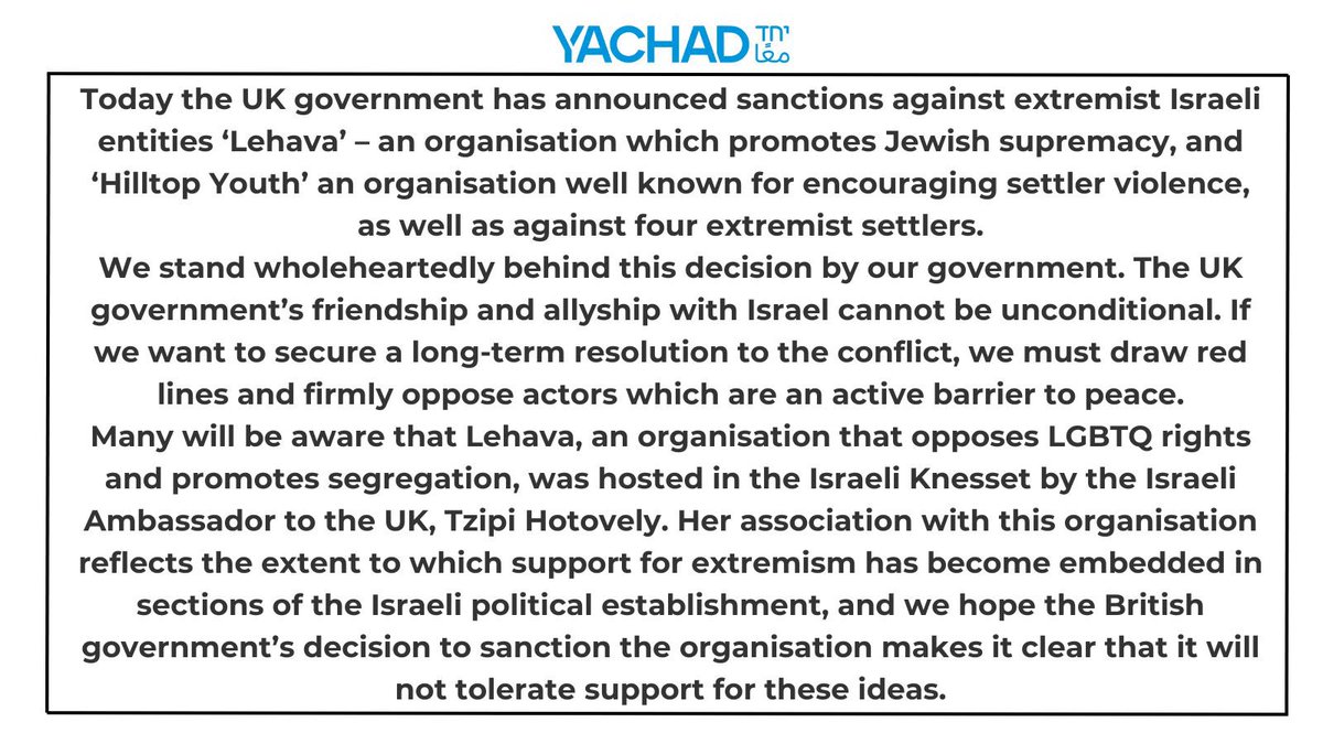 The UK government has announced further sanctions today against four extremist settlers and two settler entities. We welcome this important development. gov.uk/government/new… Our full statement below: