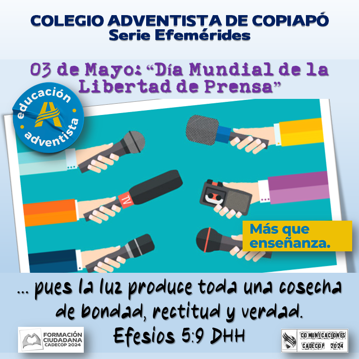 DÍA MUNDIAL DE LA LIBERTAD DE PRENSA
#colegioadventistadecopiapo,#cadecop,#EducaciónAdventista,#MásQueEnseñanza,#colegioadventista,#colegiocristiano,#EducaciónQueTransforma,#DíaMundialDeLaLibertadDePrensa,#FormaciónCiudadana,#FormaciónCiudadanaCadecop,#comunicacionescadecop