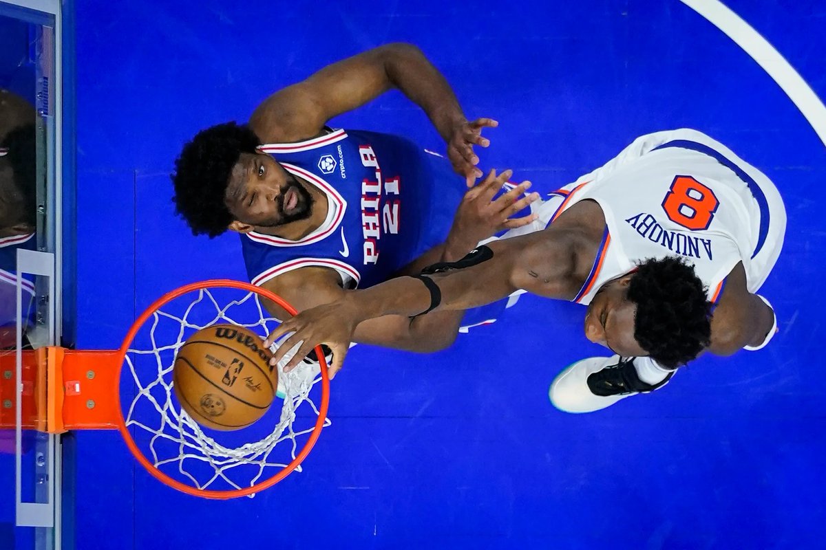 Knicks at 76ers Jalen MVP Brunson scores 41 points, Josh Hart 16 pts 14 rebs, OG Anunoby 19 pts 9 rebs 2 blks, Donte Divincenzo 23pts 7 ast 3 blks, Isaiah Hartenstein 14 pts 9 rebs 3 blks, TEAM VICTORY Sixers, 76ers Tobias Harris scores the same as Nick Nurse, Randle ZERO. Embiid