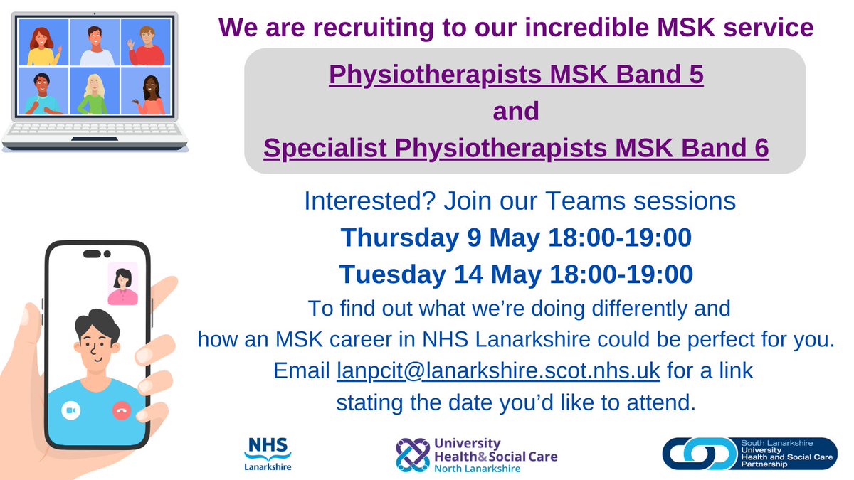 NHS Lanarkshire (@nhslanarkshire) on Twitter photo Inspired to apply for our MSK service vacancies?
Join our Teams info sessions on Thu 9 May 6-7pm & Tue 14 May 6-7pm.
Email lanpcit@lanarkshire.scot.nhs.uk for a link
stating the date you’d like to attend.
Apply here:
apply.jobs.scot.nhs.uk/Job/JobDetail?…
apply.jobs.scot.nhs.uk/Job/JobDetail?… Inspired to apply for our MSK service vacancies?
Join our Teams info sessions on Thu 9 May 6-7pm & Tue 14 May 6-7pm.
Email lanpcit@lanarkshire.scot.nhs.uk for a link
stating the date you’d like to attend.
Apply here:
apply.jobs.scot.nhs.uk/Job/JobDetail?…
apply.jobs.scot.nhs.uk/Job/JobDetail?…
