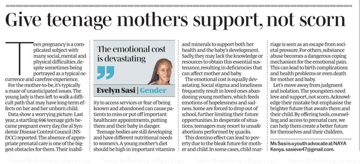 'Let's move away from judgment and isolation. The youngsters need love and support, not scorn. Acknowledge their mistake but emphasise the brighter future that awaits them and their child...' @EveWSasi opines today in the @NationAfrica paper #NAYAVoices