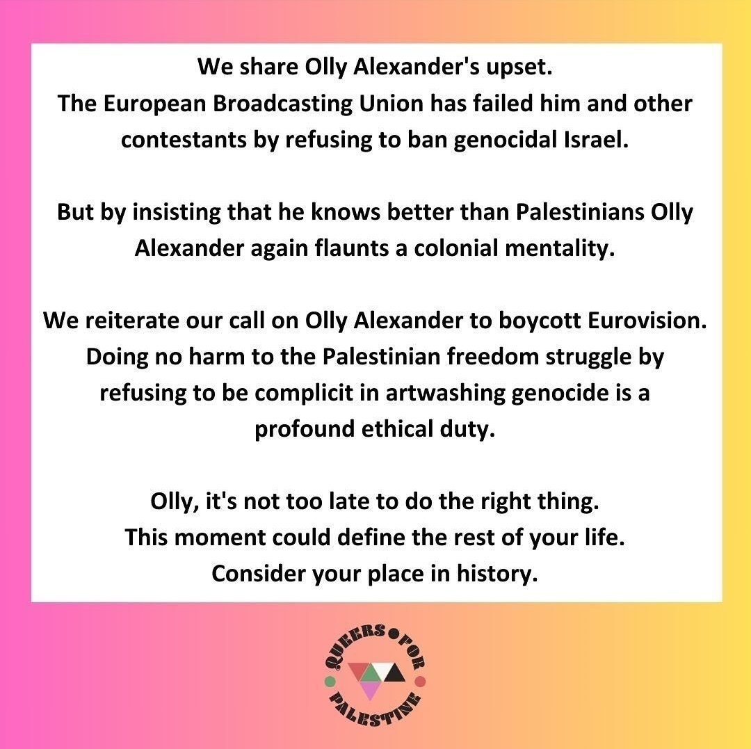 Queers for Palestine respond to the UK's @Eurovision contestant @alexander_olly.