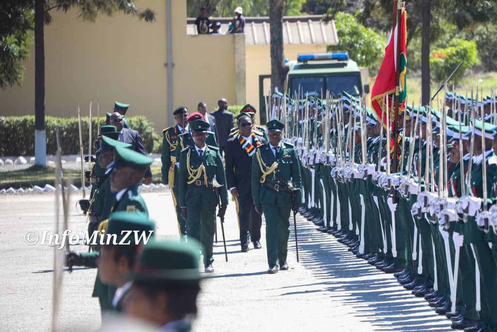 The Commander In Chief of the Zimbabwe Defence Forces His Excellency President Emmerson Mnangagwa inspects the Guard of Honour on arrival at the Zimbabwe Military Academy #PassOutParade #ZMA