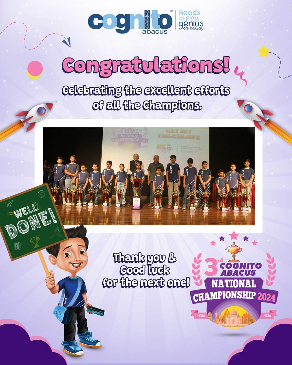Let's give a round of applause for the incredible champions who have shown exemplary dedication and skill! Thank you for your remarkable efforts and for pushing the boundaries of excellence.
#CognitoAbacus #CognitoChampion #Championship2024  #ChampionSpirit #CelebratingExcellence