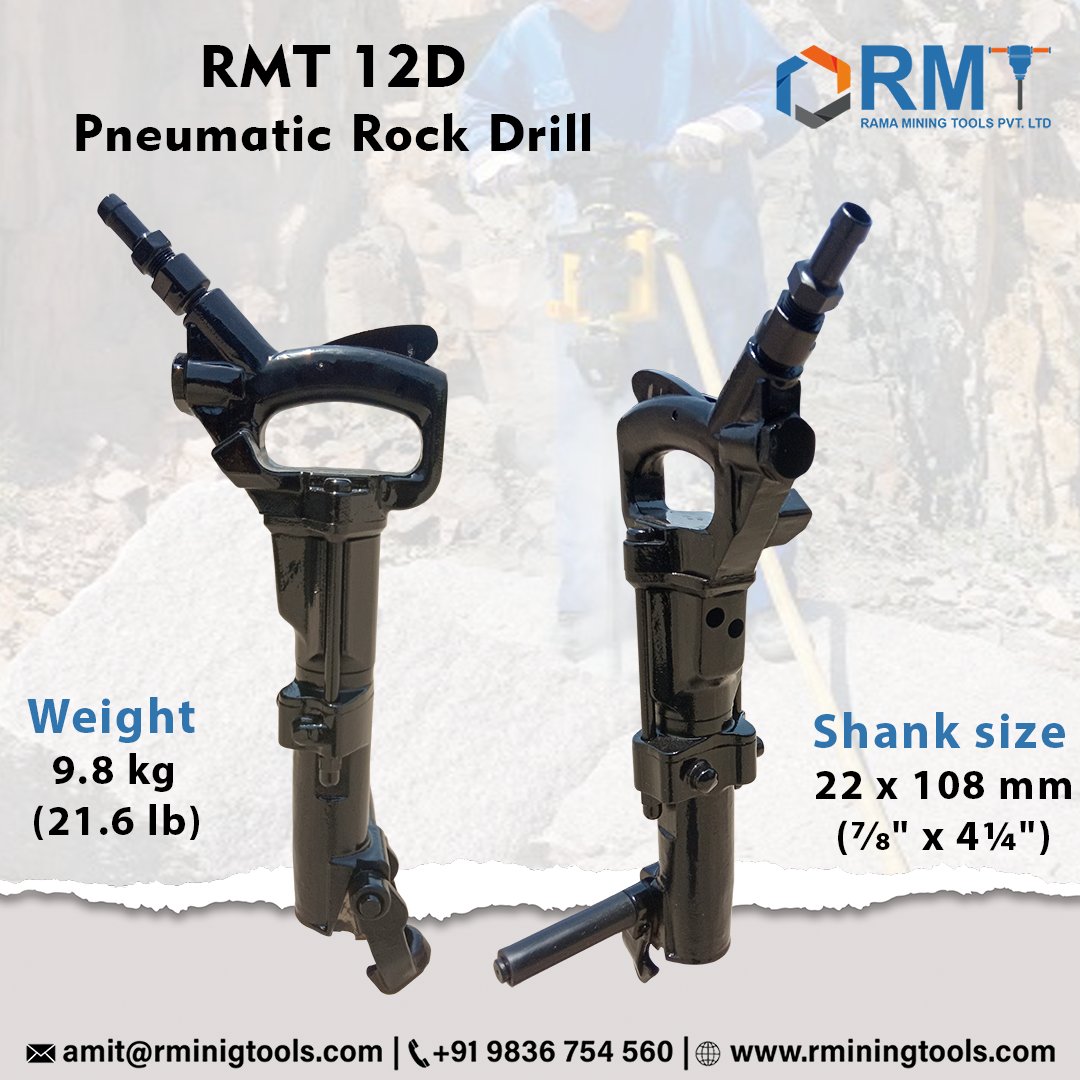 RMT 12D is a `D’ handled light surface Rock Drill and a perfect choice for drilling requirements up to a meter. Because of its lightweight, it is very easy to handle and maneuver.

 #sinkerdrill #drillngtools #powertools #chisel #rmt #pneumatictool #rmt12d #sinker #rockdrill