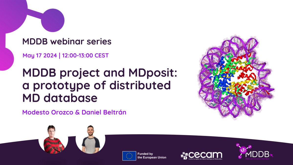 Join us for the live #MDDBwebinar in which M. Orozco and D. Beltrán from @IRBBarcelona will present the @mddbEU project and our ongoing efforts towards a distributed MD #database. 🗓️May 17 at 12:00 CEST ➡️Further information: bit.ly/44tm4Zy