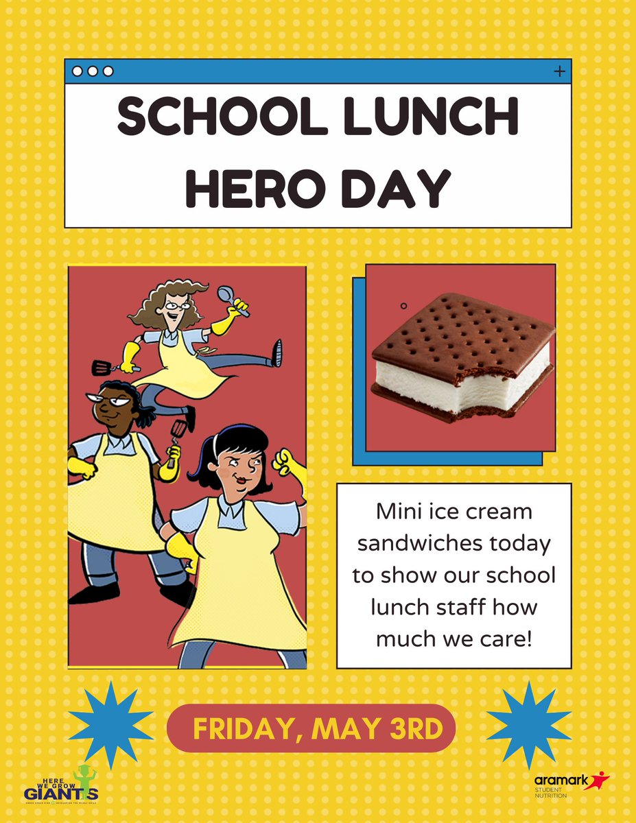 🦸Happy School Lunch Hero Day! Let's give a big shout-out to our incredible lunch staff for keeping us fueled and happy all year long. We care about you – join us for a celebratory mini ice cream sandwich at lunch today! @GCCISD @AramarkSN