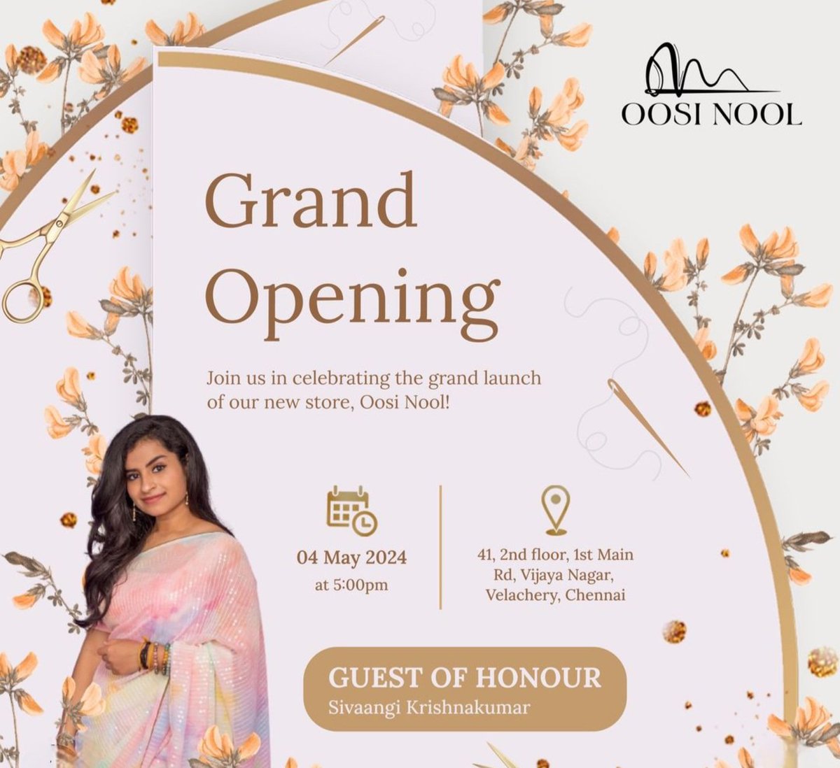 Sivaangi will be at grand opening of Oosi Nool new branch at Velachery tommorow 4th May at 5 PM.
@sivaangi_k #sivaangi