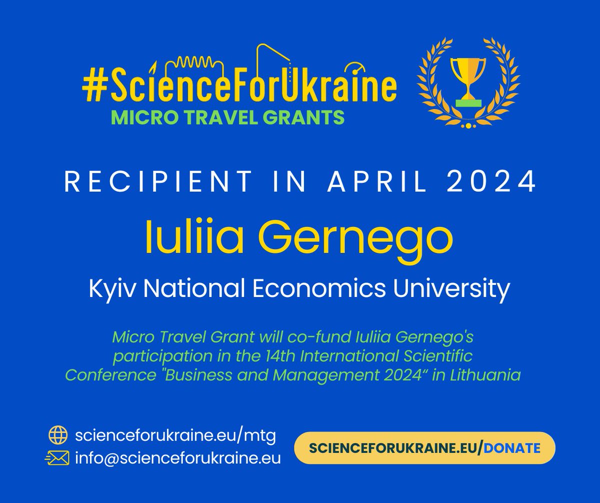 🎉 #ScienceForUkraine Micro Travel Grant recipient in April 2024 is ✨ Iuliia Gernego ✨ from Kyiv National Economics University. Congratulations! 👉 Learn more about MTG & how you can support Ukrainian scholars: scienceforukraine.eu/mtg #MTG2024