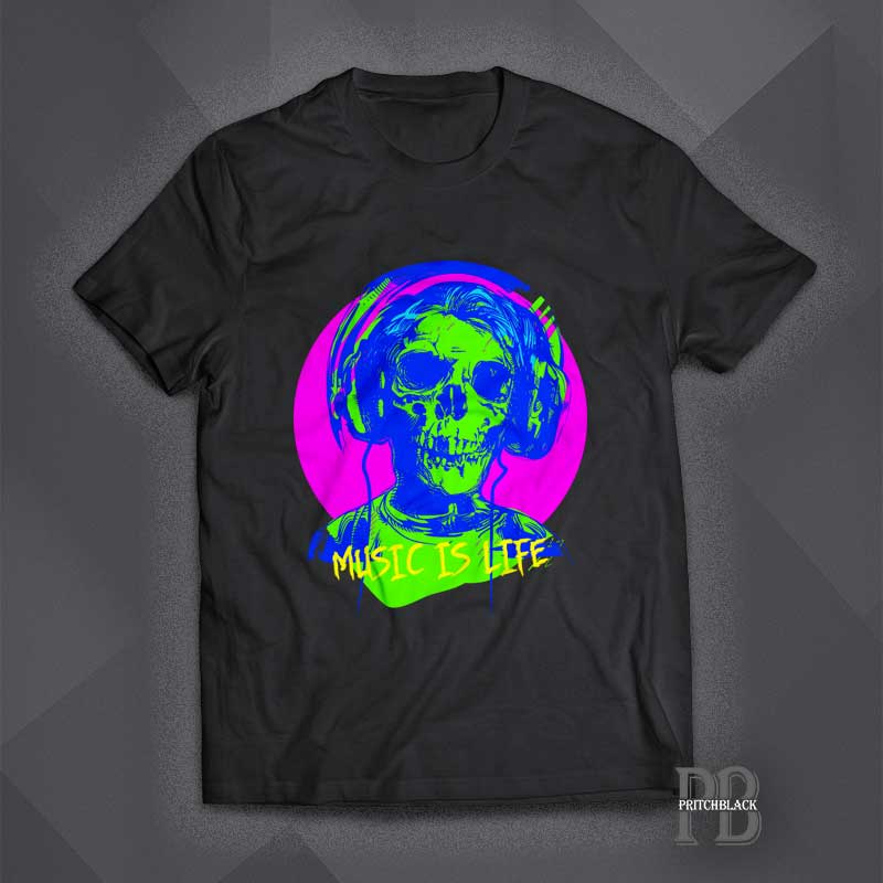 Take a moody day and turn it upside down... Throw on some tunes, music is life after all! Celebrate it now with this awesome flashy skull tee. As always on your favourite shade of black. pritchblack.com/product/music-… #music #musicislife #black #neon #tshirt #celebrate #gift #skull