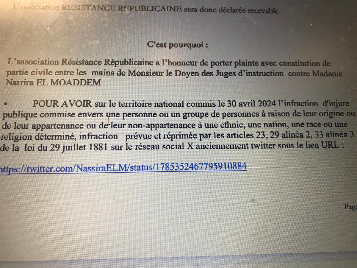 Je viens de déposer plainte auprès du Doyen des juges d'instruction contre #NassiraElMoaddem suite à ses propos violemment anti-français.