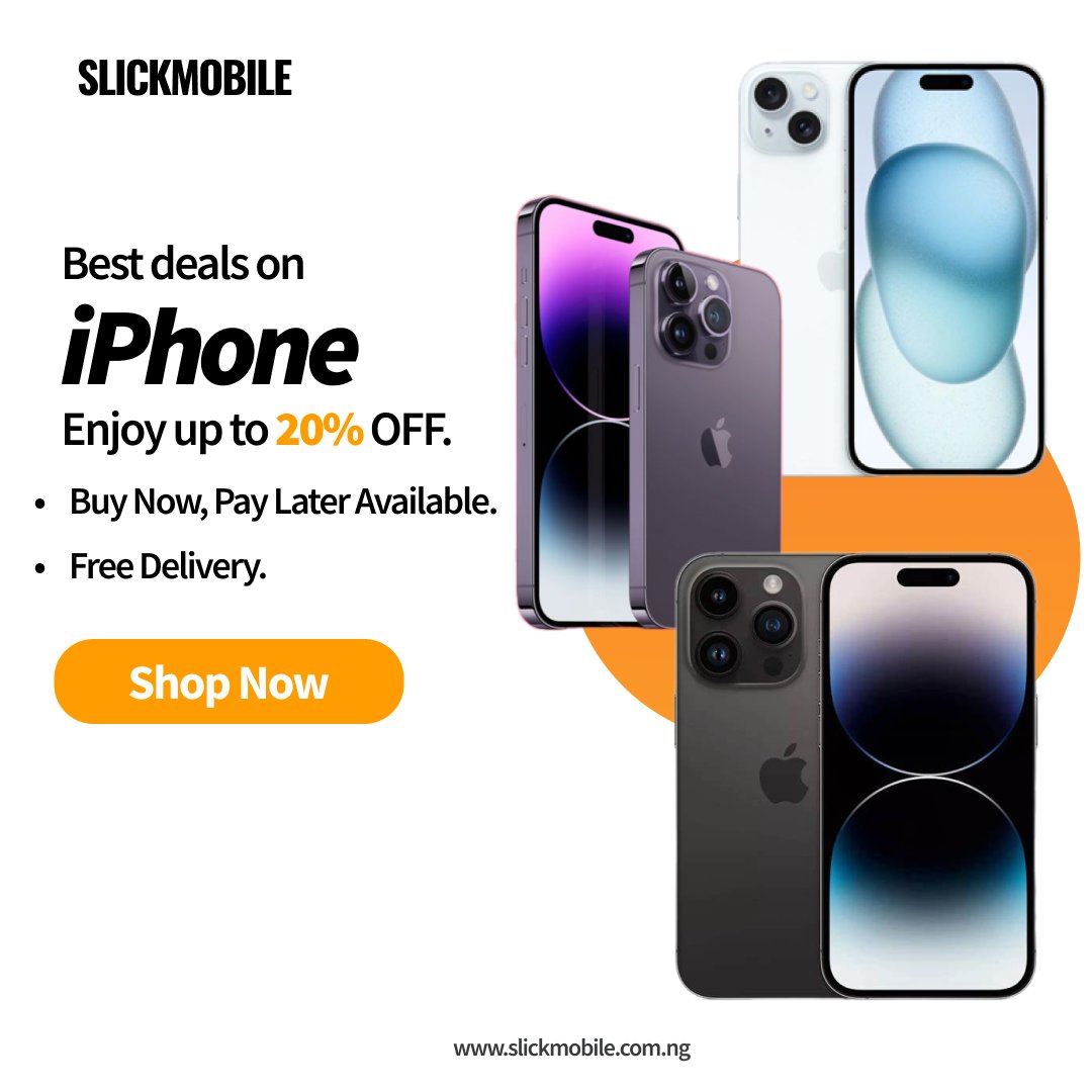 Enjoy up to 20% OFF on new iPhone prices. Flexible payment options like  Buy Now, Pay Later  and Free Delivery available.
Shop Now :slickmobile.com.ng/.../mobile-pho…

#PhoneDeal #iPhone15 #slickmobile