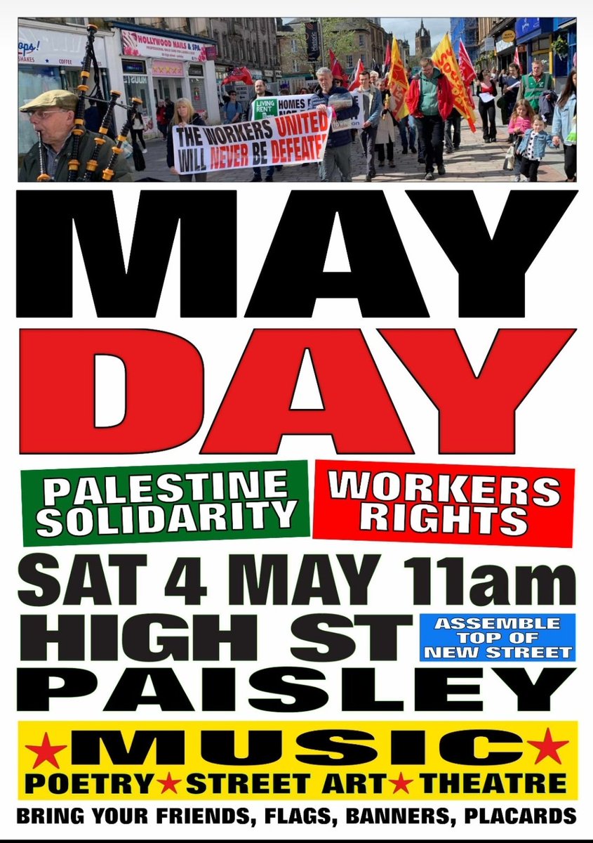 Join us Saturday 4th May celebrate Workers who plant/grow/make/serve/care/heal/teach/sing/act 4 us. Assemble 11.00 top of New St listen 2 music/poetry/speeches celebrating workers sending solidarity to the Palestinian people who continue to suffer @eisunion @EISFela @ScottishTUC