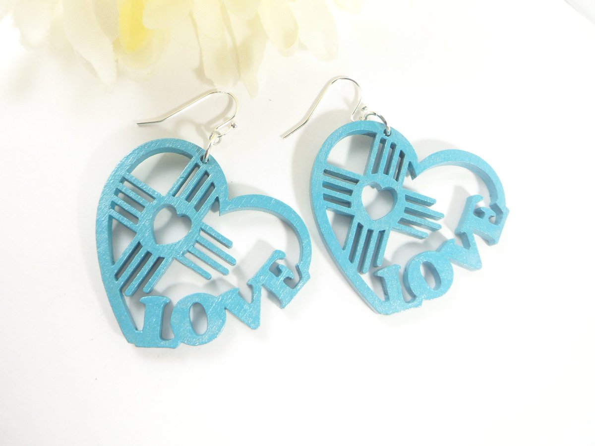 Turquoise Zia Heart Love Earrings Santa Fe New Mexico Albuquerque Jewelry Love NM Zia Symbol Jewelry Southwestern Style New Mexico Gifts tuppu.net/5b2a726 #NewMexico #EtsySeller #SantaFe #EtsyShop #HeartEarrings