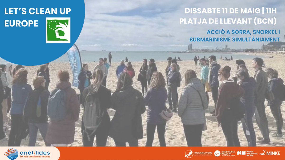 Vols col·laborar en una acció de sensibilització dins el #LetsCleanUpEurope? 📅 11 de maig ⏰ 11h 📍 Platja de Llevant (BCN) Estarem duent a terme una recollida de residus a sorra i al mar, mitjançant snorkel i submarinisme! Inscriu-te aquí: anellides.com/event/accio-re…