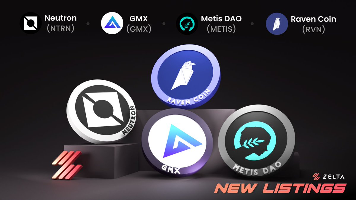Ready to take your crypto journey to the next level? Start by exploring our newest DeFi listings and much more!
Ravencoin ($RVN), Metis ($METIS), GMX ($GMX), Neutron ($NTRN) and more now available on Zelta!
#coinlisting #cryptolisting