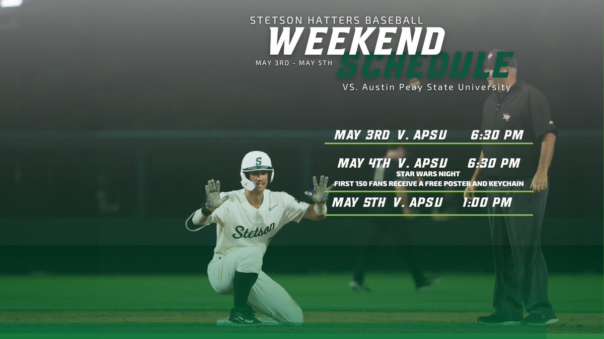 𝗗𝗲𝗳𝗲𝗻𝗱 𝗗𝗲𝗟𝗮𝗻𝗱.

Big weekend on deck at the MAC. 

📍 Melching Field 
🎟️ bit.ly/3RHPi2e
📺 ESPN+

#GoHatters | #OWNTheMAC | @StetsonHatters