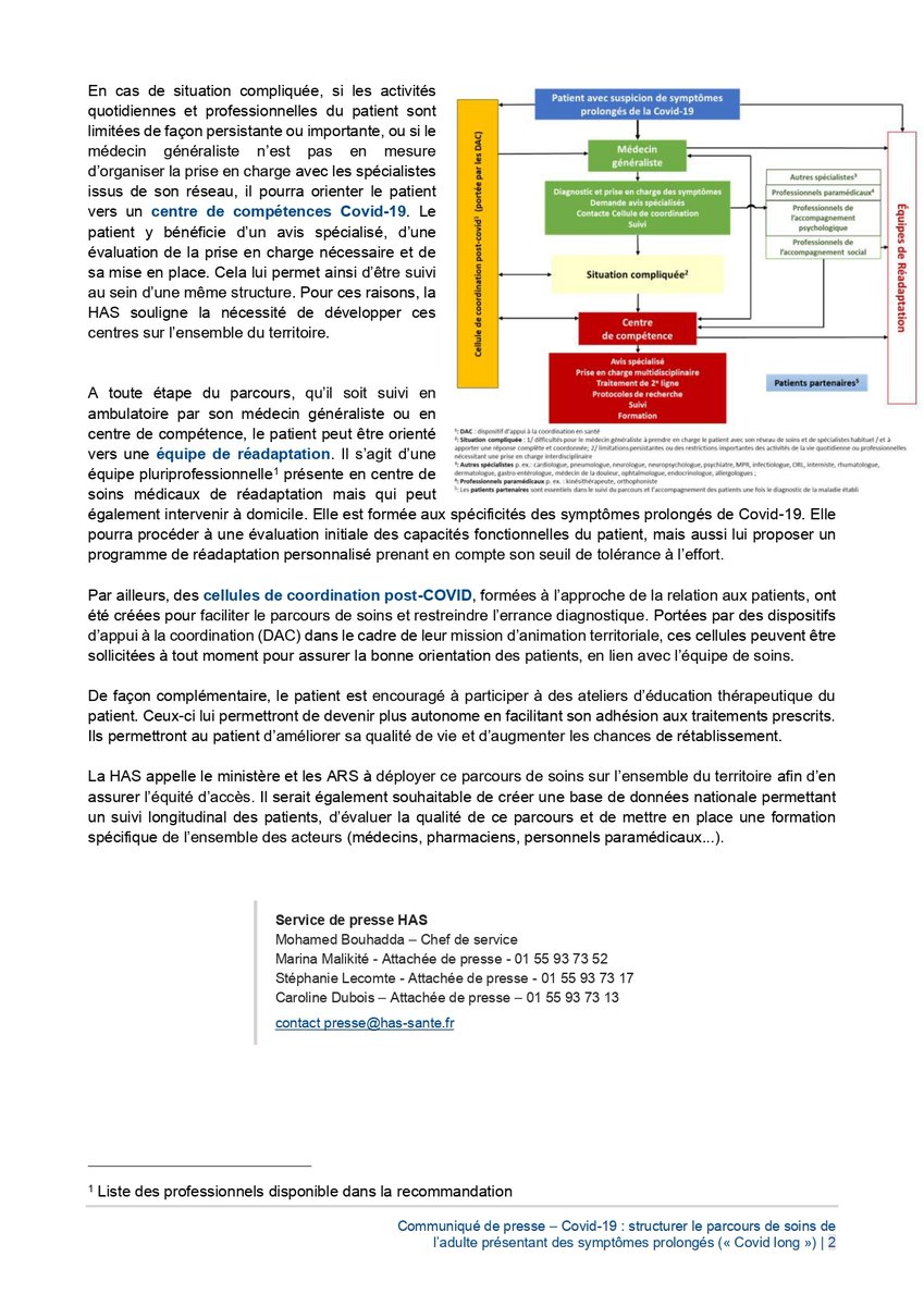 #Communiqué | La HAS publie un guide sur le parcours de soins des adultes et adolescents de 15 ans et plus qui présentent des symptômes prolongés de #Covid19 #CovidLong ⤵