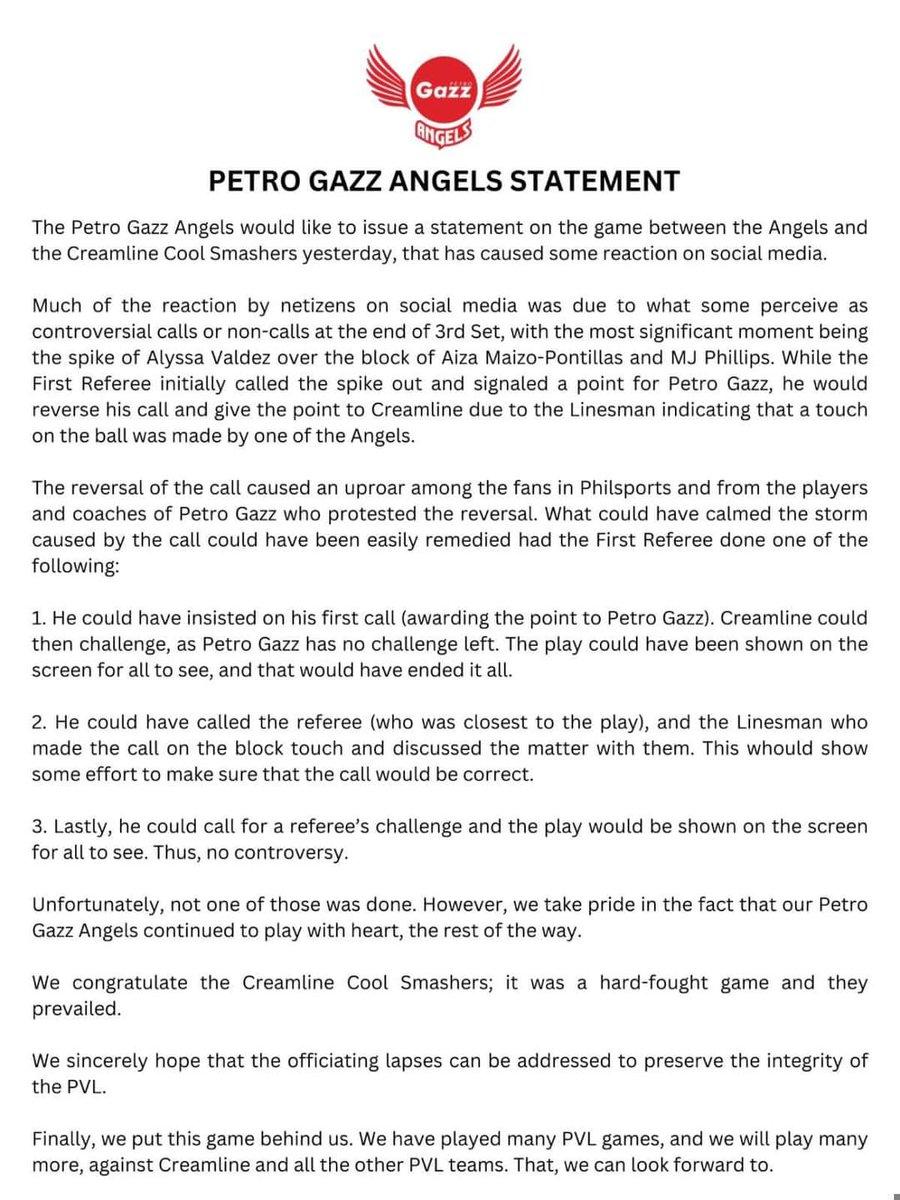 READ: @PetroGazzAngels issues a statement following their #PVL2024 All-Filipino Conference semifinals match against the @CoolSmashers last Thursday. @tribunephl @TribuneSportsPh