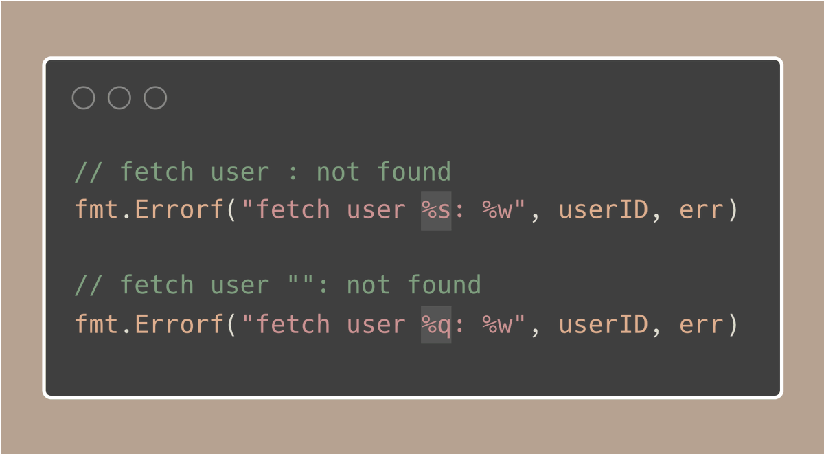 💡Golang Tip #82: Enhance Debug Output with %+v and %q Instead of %v and %s. When we're debugging, seeing clearer and more detailed output from your logs can be a huge help. Take a common situation where you're quickly checking the state of a struct with fmt.Println: Here, the…