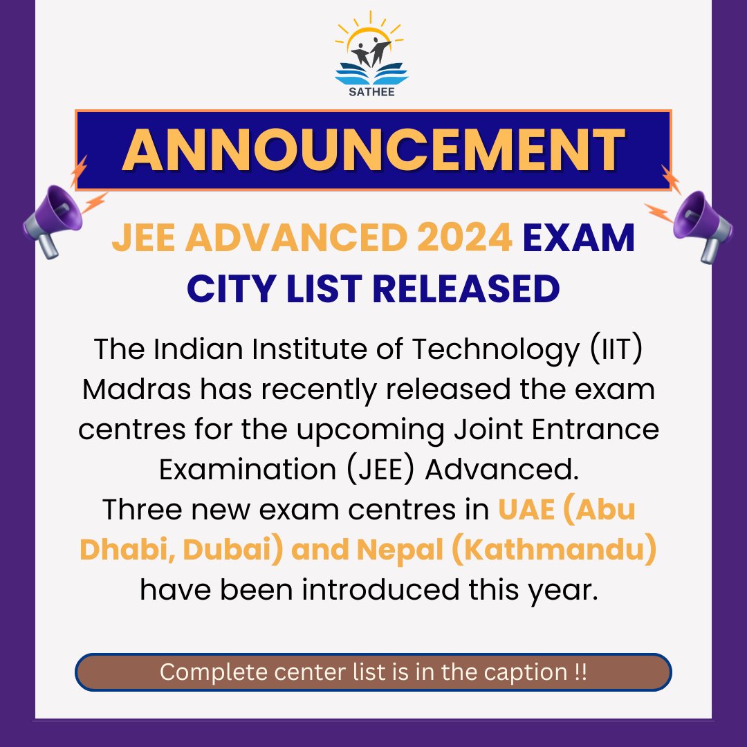 JEE Advanced 2024 exam city list released, 3 cities of abroad added !!
Check complete list here - bit.ly/3wg9KiV
#JEE #JEEAdvanced #JEEPreparation #JEEaspirant #JEE2024 #sathee #IITJEE #NTA #JEEADVANCED #jeeadvanced2024 #examcityslip